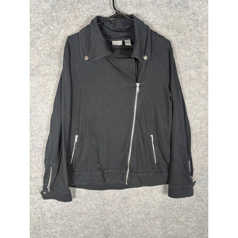Zenergy by Chico's Moto Jacket Size 3 Black Full Zip‎ Collared Snap Lightweight
